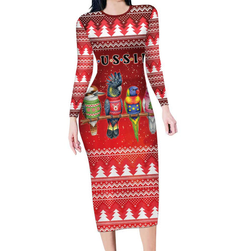 Australian Native Bird Long Sleeve Bodycon Dress Kookaburra Black Cockatoo Rainbow Lorikeet Galah - Aussie Hoodie