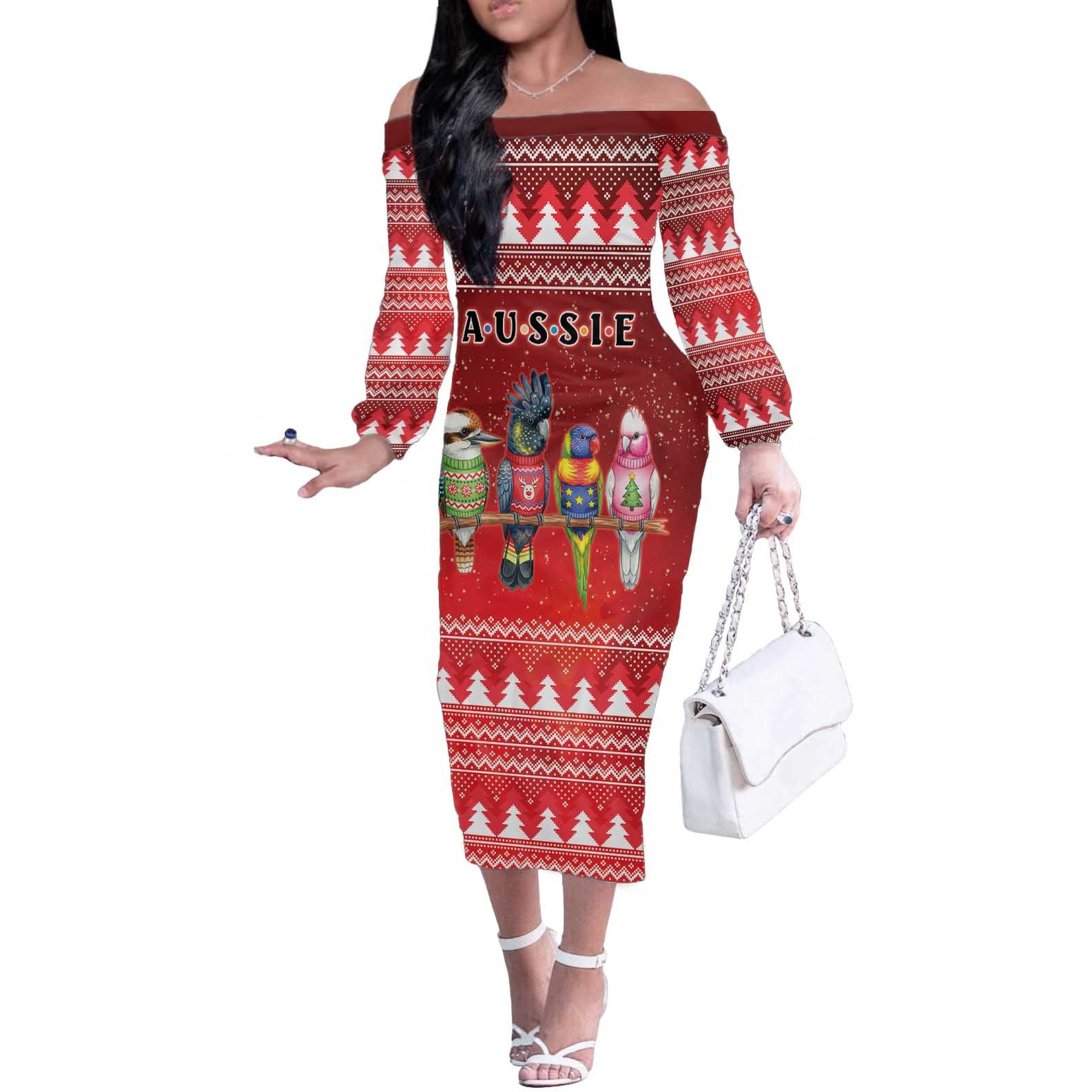 Australian Native Bird Off The Shoulder Long Sleeve Dress Kookaburra Black Cockatoo Rainbow Lorikeet Galah - Aussie Hoodie