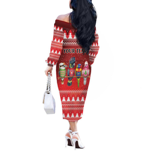 Australian Native Bird Off The Shoulder Long Sleeve Dress Kookaburra Black Cockatoo Rainbow Lorikeet Galah - Aussie Hoodie