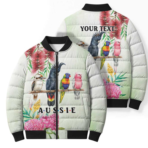 Australian Native Bird Bomber Puffer Jacket Kookaburra Cockatoo Rainbow Lorikeet Galah Flowers - Aussie Hoodie