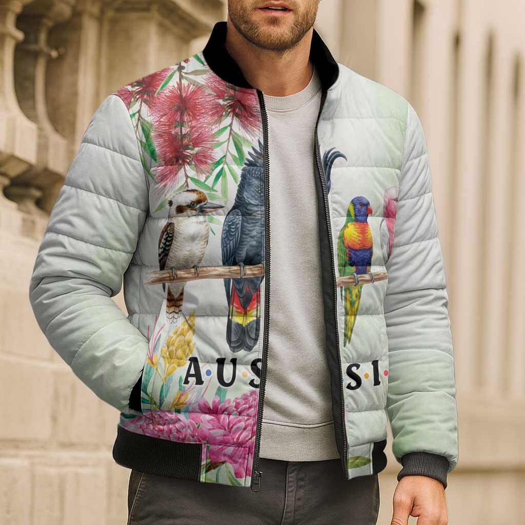 Australian Native Bird Bomber Puffer Jacket Kookaburra Cockatoo Rainbow Lorikeet Galah Flowers - Aussie Hoodie
