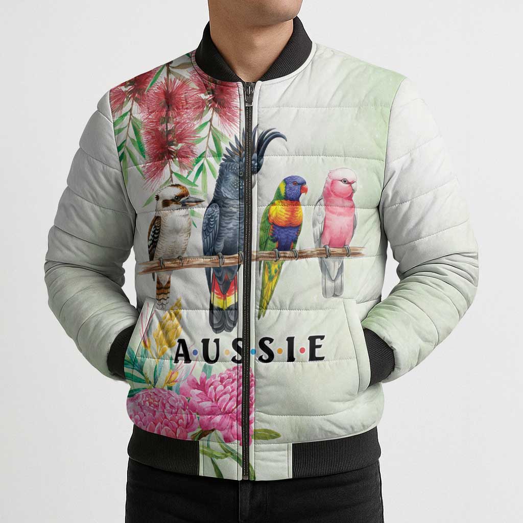 Australian Native Bird Bomber Puffer Jacket Kookaburra Cockatoo Rainbow Lorikeet Galah Flowers - Aussie Hoodie