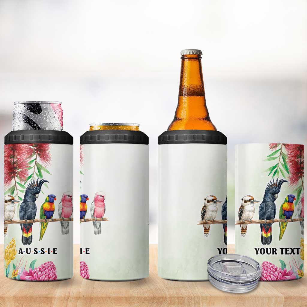 Australian Native Bird 4 in 1 Can Cooler Tumbler Kookaburra Cockatoo Rainbow Lorikeet Galah Flowers - Aussie Hoodie