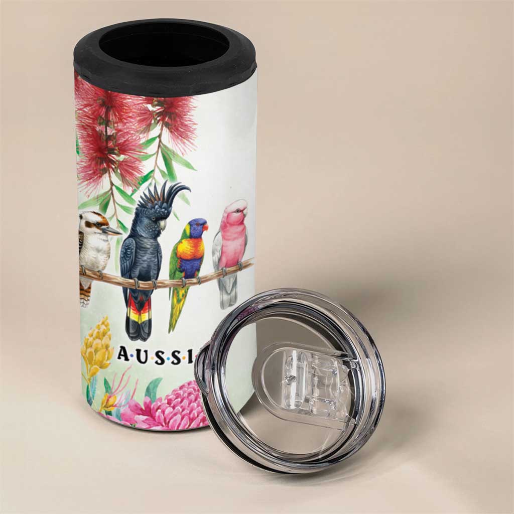 Australian Native Bird 4 in 1 Can Cooler Tumbler Kookaburra Cockatoo Rainbow Lorikeet Galah Flowers - Aussie Hoodie