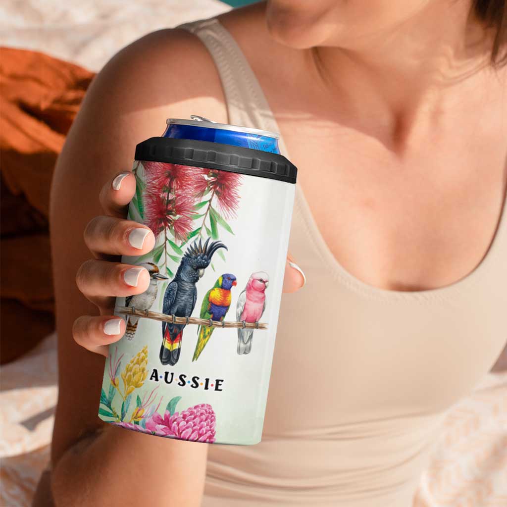 Australian Native Bird 4 in 1 Can Cooler Tumbler Kookaburra Cockatoo Rainbow Lorikeet Galah Flowers - Aussie Hoodie