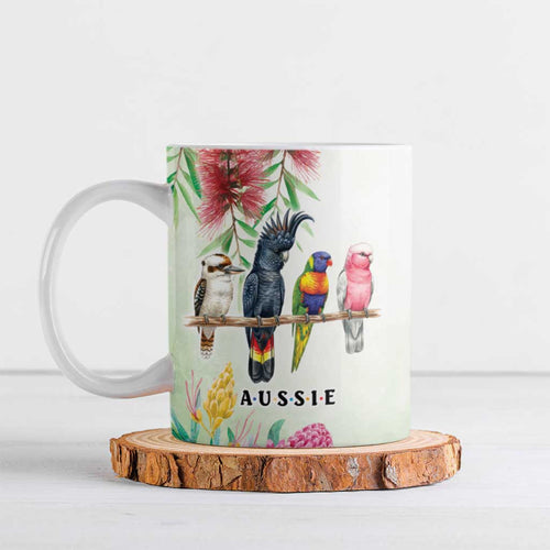Australian Native Bird Ceramic Mug Kookaburra Cockatoo Rainbow Lorikeet Galah Flowers - Aussie Hoodie