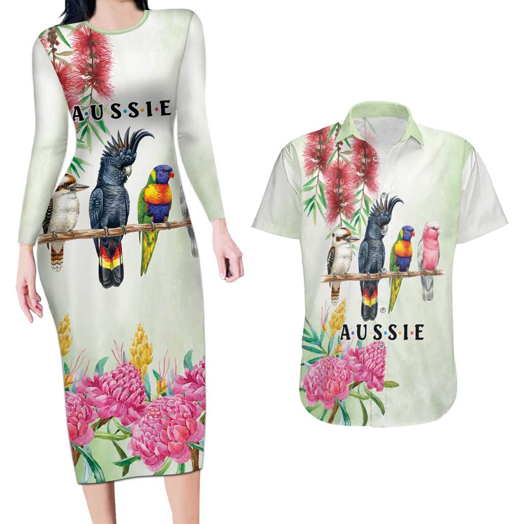Australian Native Bird Couples Matching Long Sleeve Bodycon Dress and Hawaiian Shirt Kookaburra Cockatoo Rainbow Lorikeet Galah Flowers - Aussie Hoodie