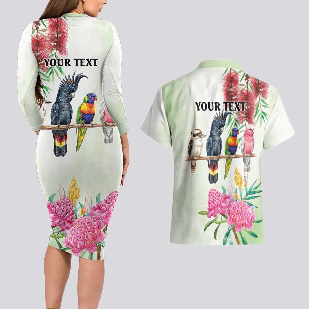 Australian Native Bird Couples Matching Long Sleeve Bodycon Dress and Hawaiian Shirt Kookaburra Cockatoo Rainbow Lorikeet Galah Flowers - Aussie Hoodie