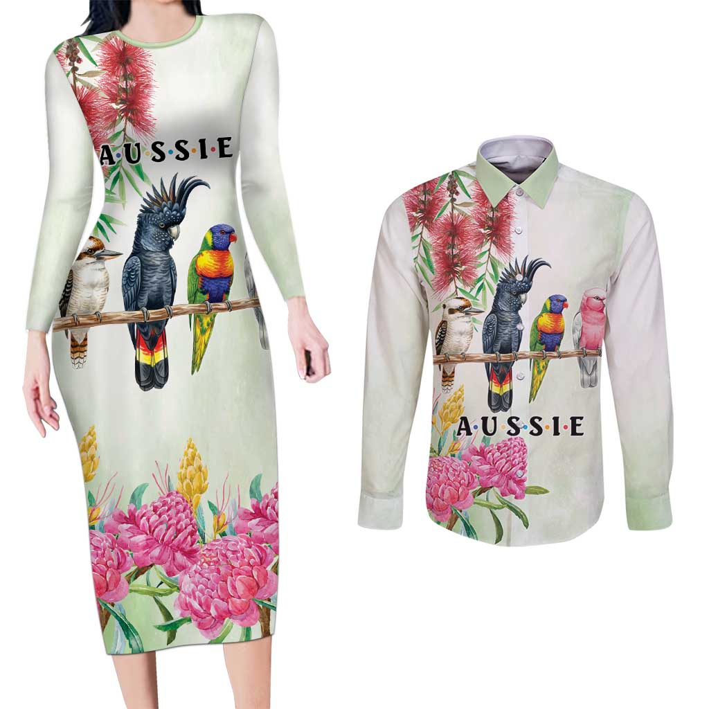 Australian Native Bird Couples Matching Long Sleeve Bodycon Dress and Long Sleeve Button Shirt Kookaburra Cockatoo Rainbow Lorikeet Galah Flowers - Aussie Hoodie