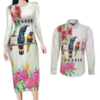 Australian Native Bird Couples Matching Long Sleeve Bodycon Dress and Long Sleeve Button Shirt Kookaburra Cockatoo Rainbow Lorikeet Galah Flowers - Aussie Hoodie