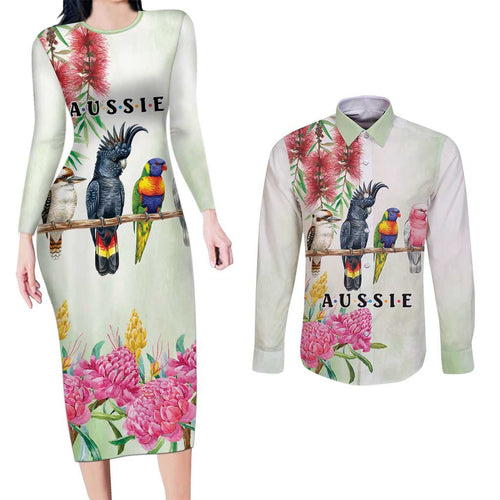 Australian Native Bird Couples Matching Long Sleeve Bodycon Dress and Long Sleeve Button Shirt Kookaburra Cockatoo Rainbow Lorikeet Galah Flowers - Aussie Hoodie