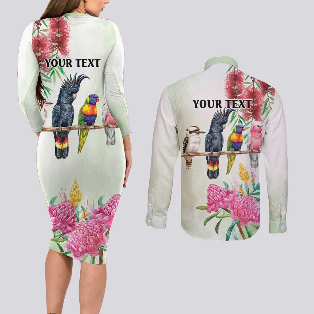 Australian Native Bird Couples Matching Long Sleeve Bodycon Dress and Long Sleeve Button Shirt Kookaburra Cockatoo Rainbow Lorikeet Galah Flowers - Aussie Hoodie