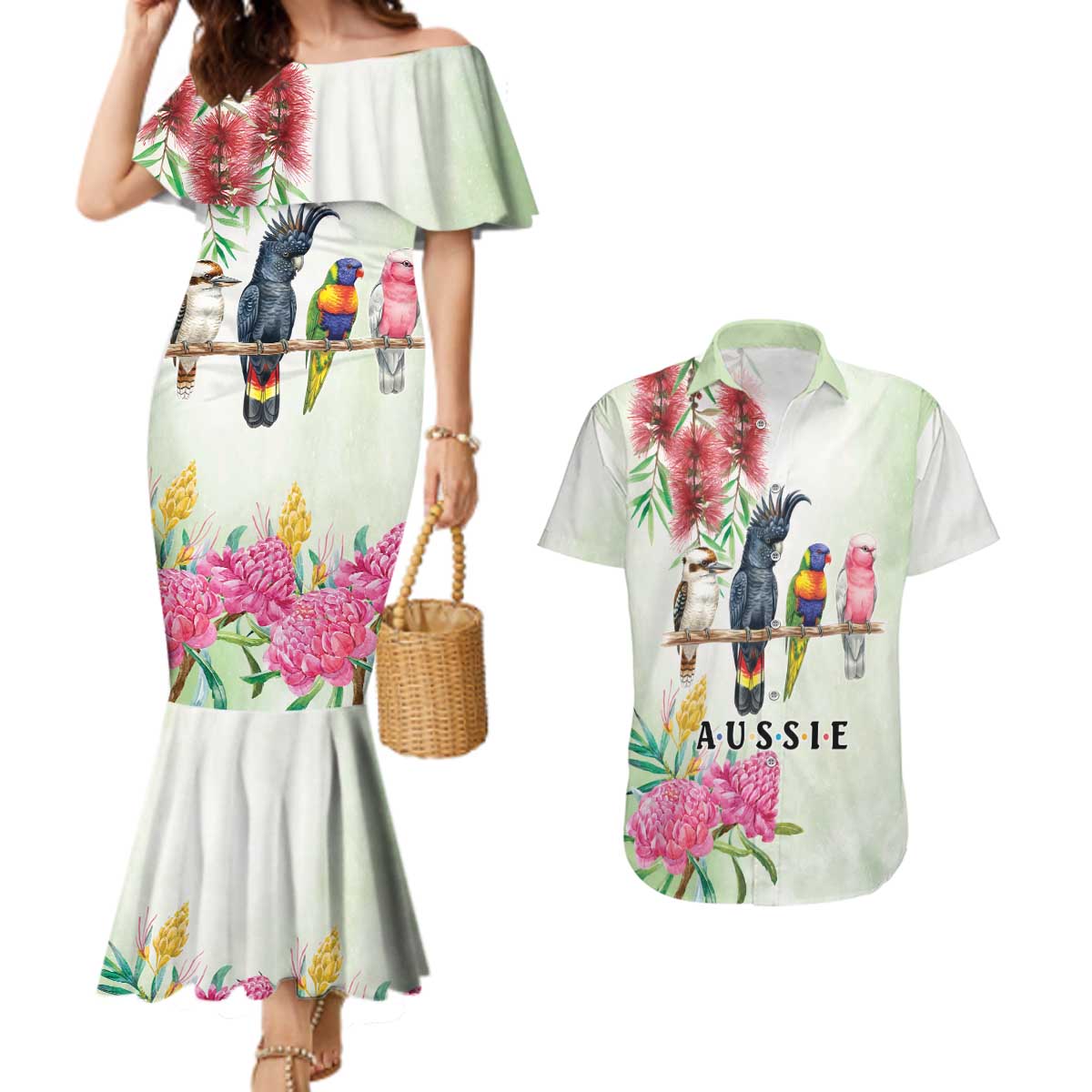 Australian Native Bird Couples Matching Mermaid Dress and Hawaiian Shirt Kookaburra Cockatoo Rainbow Lorikeet Galah Flowers - Aussie Hoodie