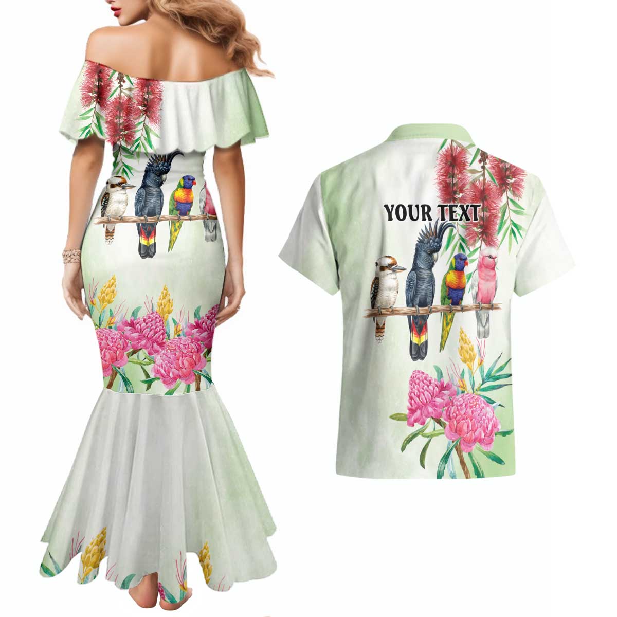 Australian Native Bird Couples Matching Mermaid Dress and Hawaiian Shirt Kookaburra Cockatoo Rainbow Lorikeet Galah Flowers - Aussie Hoodie