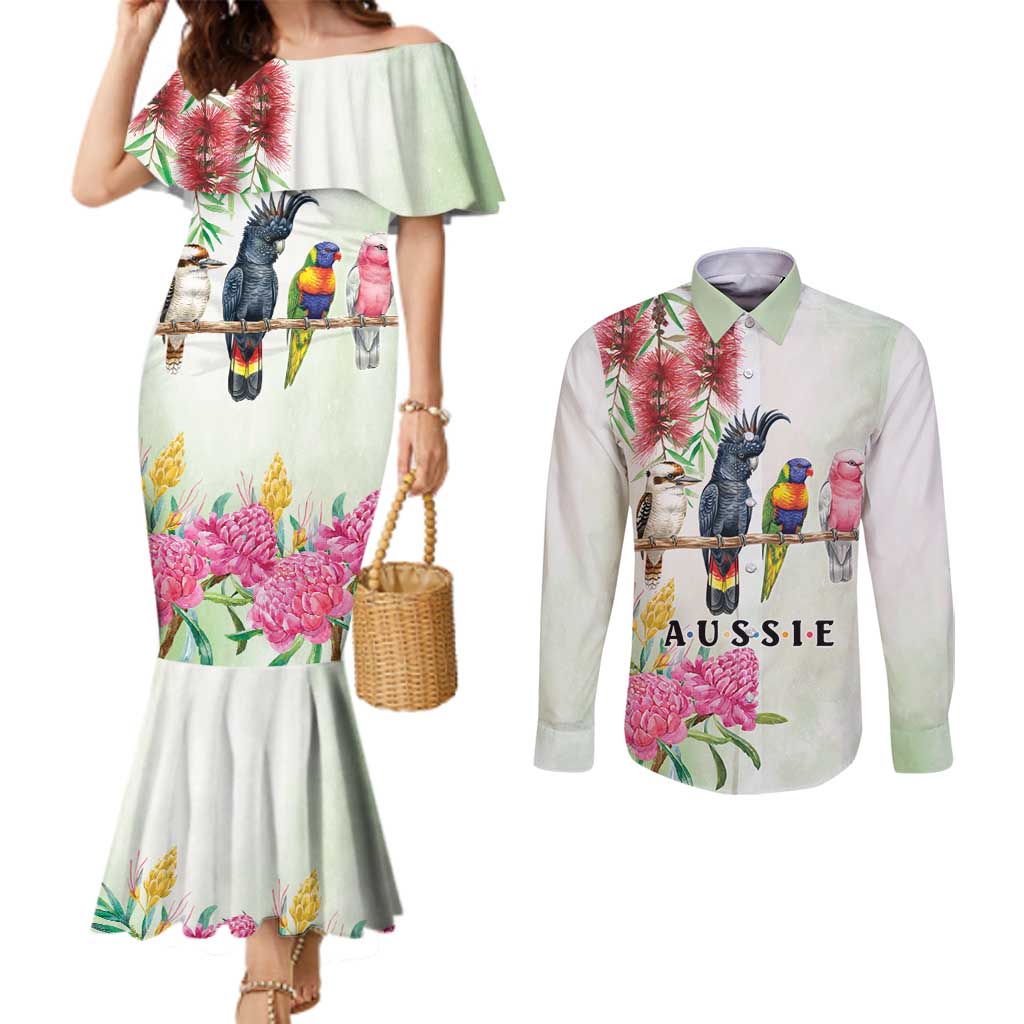 Australian Native Bird Couples Matching Mermaid Dress and Long Sleeve Button Shirt Kookaburra Cockatoo Rainbow Lorikeet Galah Flowers - Aussie Hoodie