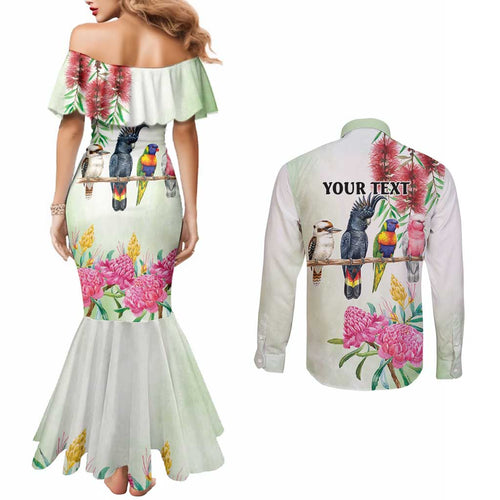 Australian Native Bird Couples Matching Mermaid Dress and Long Sleeve Button Shirt Kookaburra Cockatoo Rainbow Lorikeet Galah Flowers - Aussie Hoodie