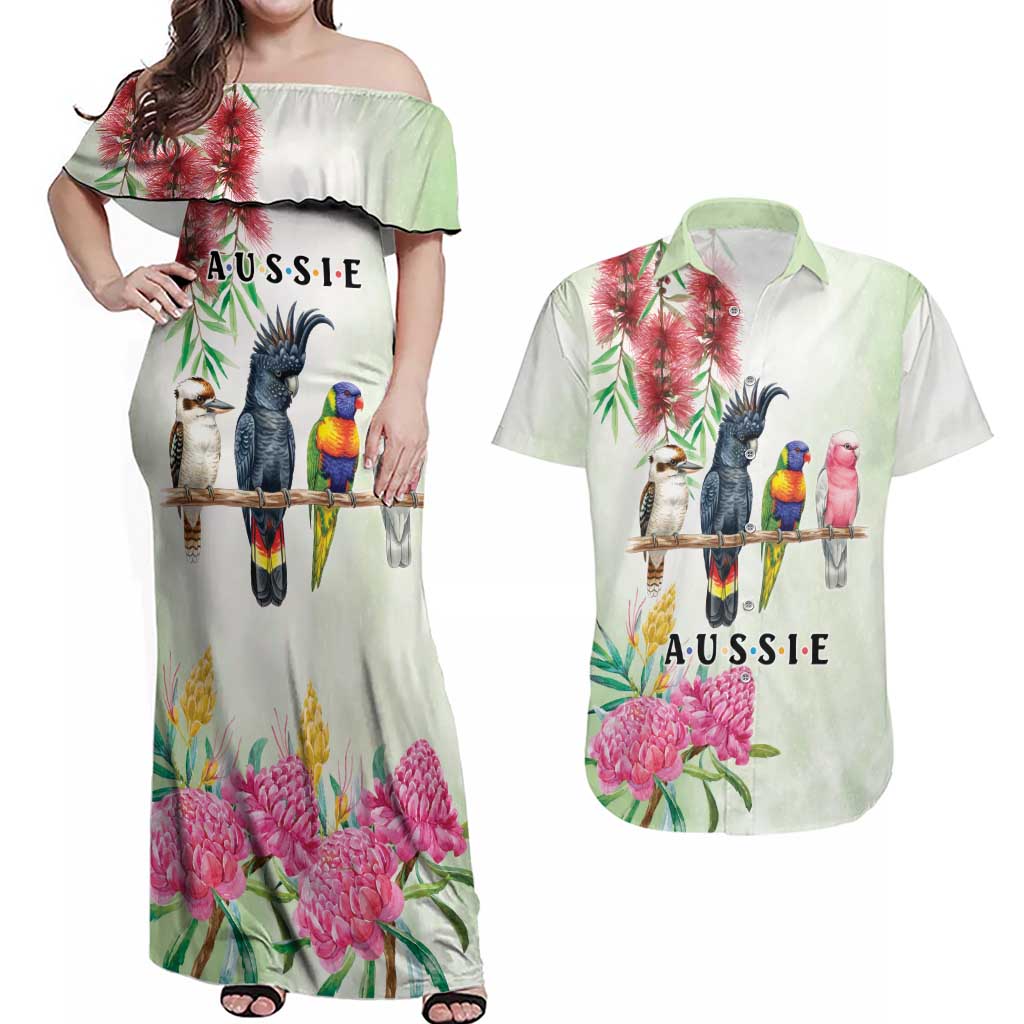 Australian Native Bird Couples Matching Off Shoulder Maxi Dress and Hawaiian Shirt Kookaburra Cockatoo Rainbow Lorikeet Galah Flowers - Aussie Hoodie