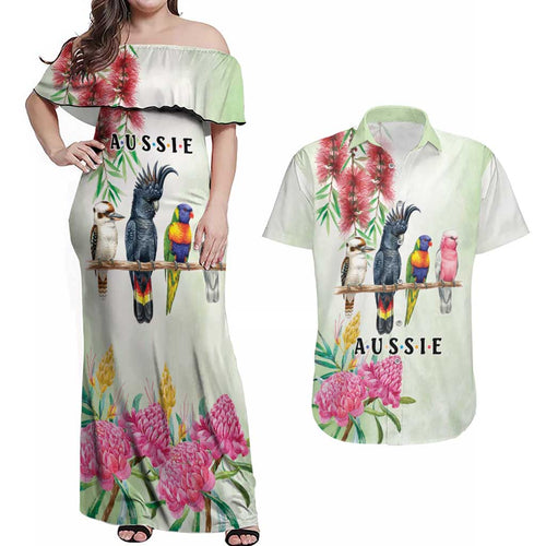 Australian Native Bird Couples Matching Off Shoulder Maxi Dress and Hawaiian Shirt Kookaburra Cockatoo Rainbow Lorikeet Galah Flowers - Aussie Hoodie