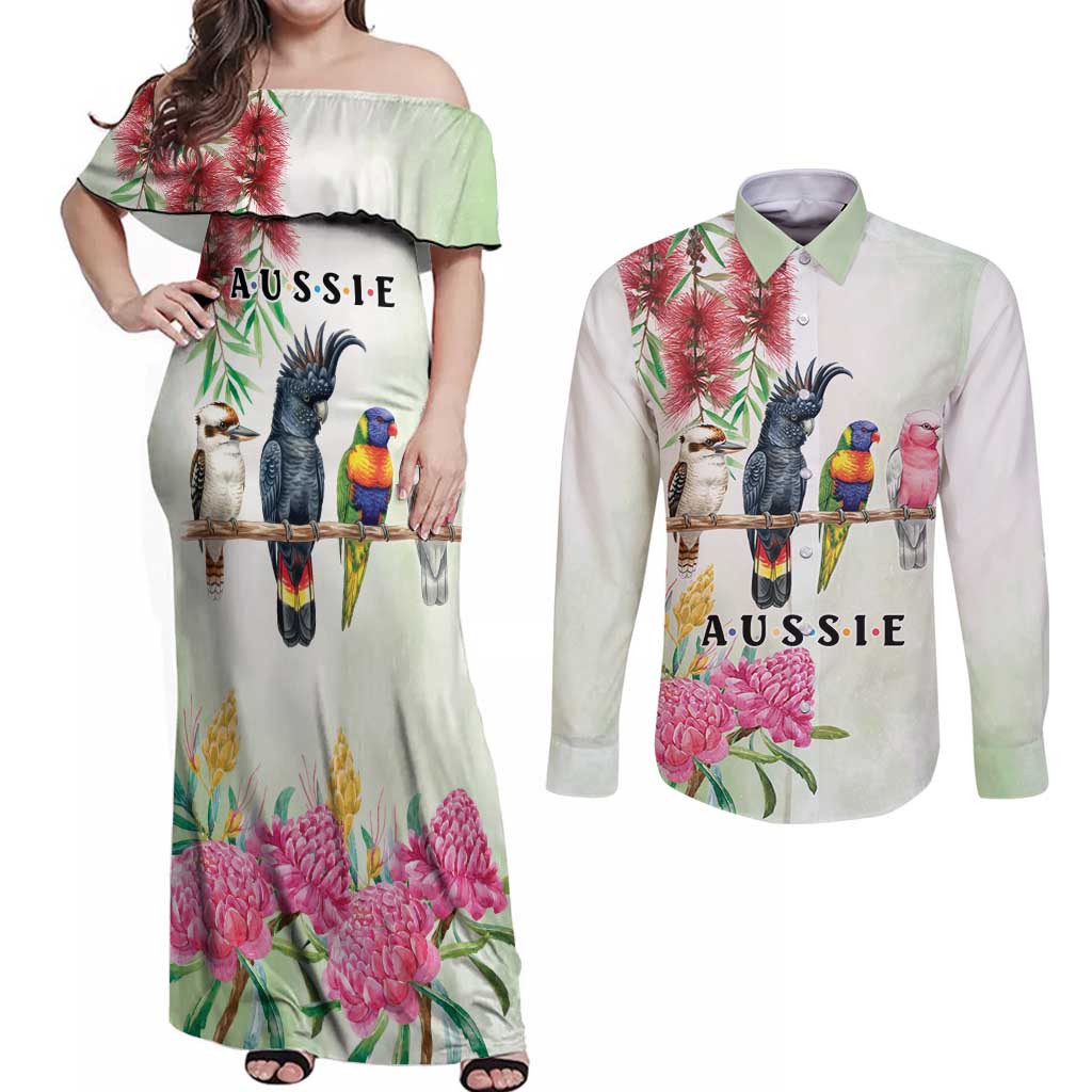 Australian Native Bird Couples Matching Off Shoulder Maxi Dress and Long Sleeve Button Shirt Kookaburra Cockatoo Rainbow Lorikeet Galah Flowers - Aussie Hoodie