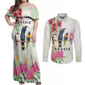Australian Native Bird Couples Matching Off Shoulder Maxi Dress and Long Sleeve Button Shirt Kookaburra Cockatoo Rainbow Lorikeet Galah Flowers - Aussie Hoodie