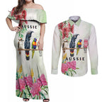Australian Native Bird Couples Matching Off Shoulder Maxi Dress and Long Sleeve Button Shirt Kookaburra Cockatoo Rainbow Lorikeet Galah Flowers - Aussie Hoodie
