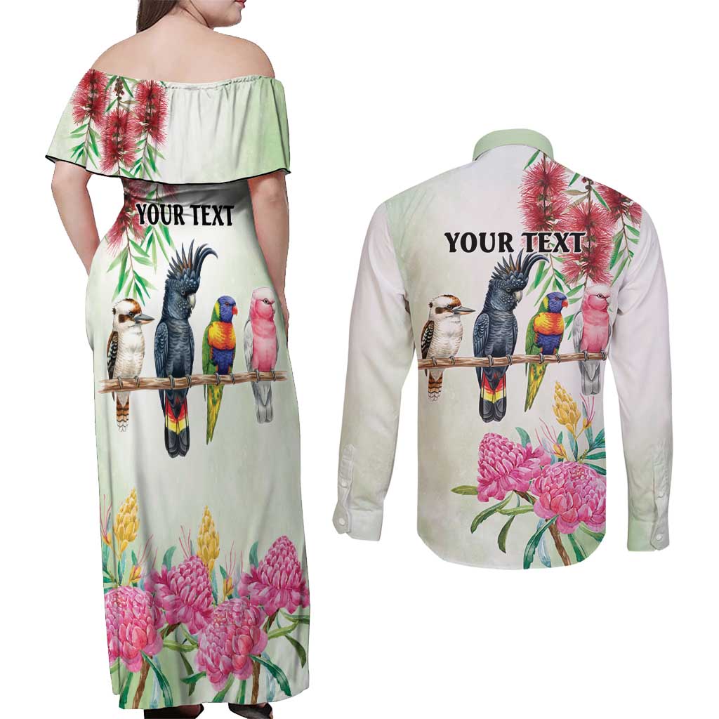 Australian Native Bird Couples Matching Off Shoulder Maxi Dress and Long Sleeve Button Shirt Kookaburra Cockatoo Rainbow Lorikeet Galah Flowers - Aussie Hoodie