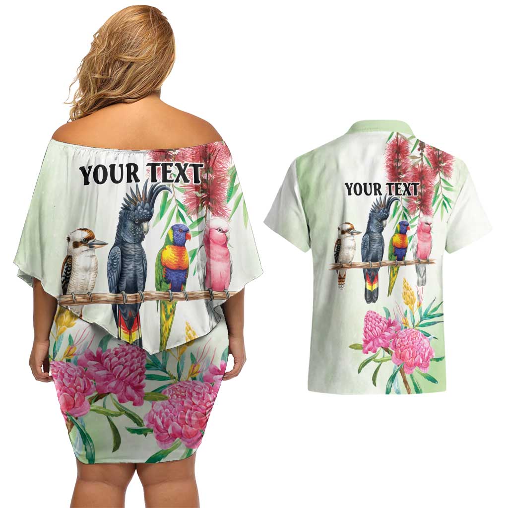 Australian Native Bird Couples Matching Off Shoulder Short Dress and Hawaiian Shirt Kookaburra Cockatoo Rainbow Lorikeet Galah Flowers - Aussie Hoodie