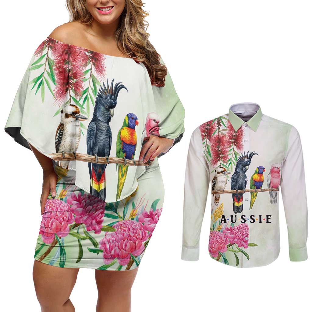 Australian Native Bird Couples Matching Off Shoulder Short Dress and Long Sleeve Button Shirt Kookaburra Cockatoo Rainbow Lorikeet Galah Flowers - Aussie Hoodie