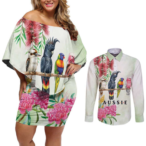 Australian Native Bird Couples Matching Off Shoulder Short Dress and Long Sleeve Button Shirt Kookaburra Cockatoo Rainbow Lorikeet Galah Flowers - Aussie Hoodie