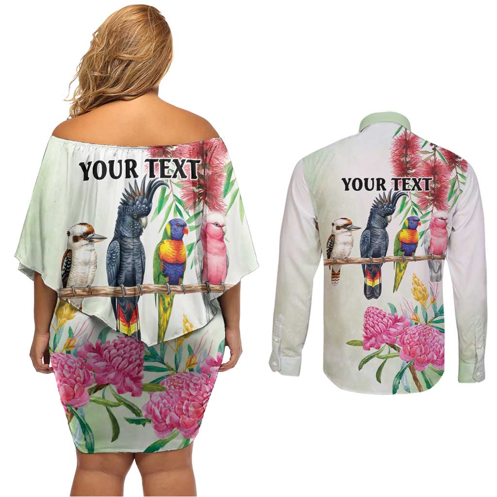 Australian Native Bird Couples Matching Off Shoulder Short Dress and Long Sleeve Button Shirt Kookaburra Cockatoo Rainbow Lorikeet Galah Flowers - Aussie Hoodie