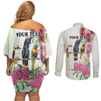 Australian Native Bird Couples Matching Off Shoulder Short Dress and Long Sleeve Button Shirt Kookaburra Cockatoo Rainbow Lorikeet Galah Flowers - Aussie Hoodie