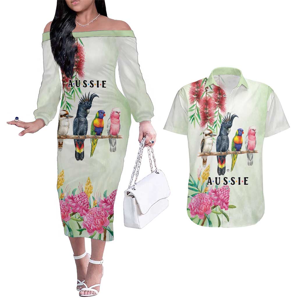 Australian Native Bird Couples Matching Off The Shoulder Long Sleeve Dress and Hawaiian Shirt Kookaburra Cockatoo Rainbow Lorikeet Galah Flowers - Aussie Hoodie