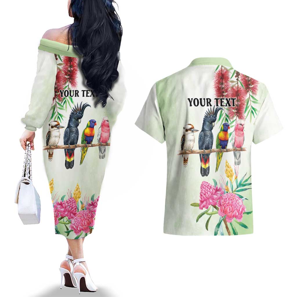 Australian Native Bird Couples Matching Off The Shoulder Long Sleeve Dress and Hawaiian Shirt Kookaburra Cockatoo Rainbow Lorikeet Galah Flowers - Aussie Hoodie