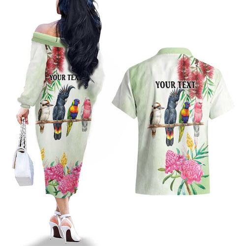 Australian Native Bird Couples Matching Off The Shoulder Long Sleeve Dress and Hawaiian Shirt Kookaburra Cockatoo Rainbow Lorikeet Galah Flowers - Aussie Hoodie