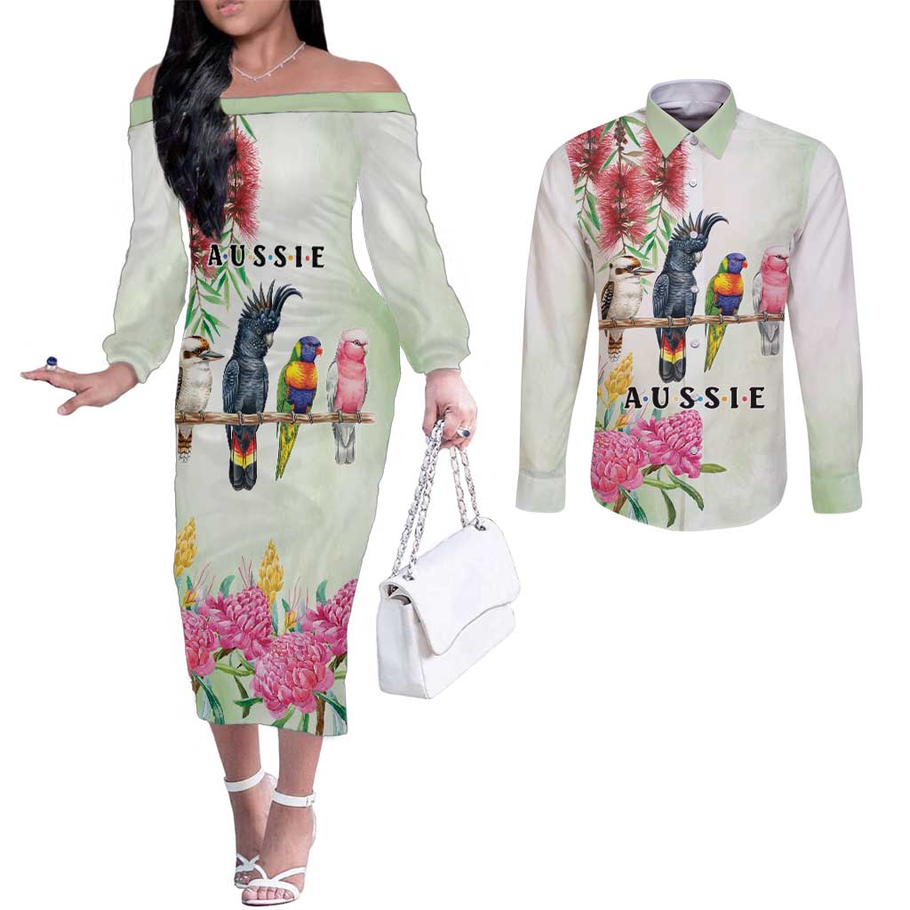 Australian Native Bird Couples Matching Off The Shoulder Long Sleeve Dress and Long Sleeve Button Shirt Kookaburra Cockatoo Rainbow Lorikeet Galah Flowers - Aussie Hoodie