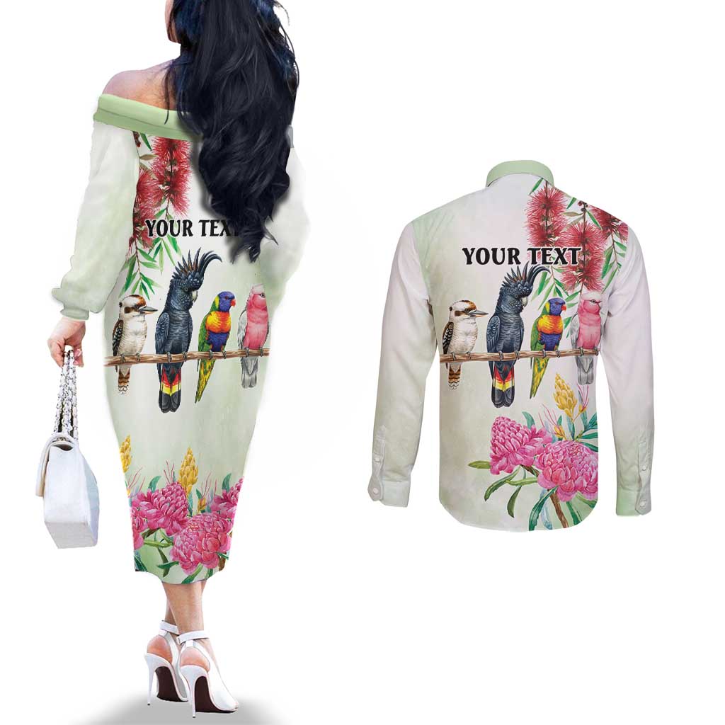 Australian Native Bird Couples Matching Off The Shoulder Long Sleeve Dress and Long Sleeve Button Shirt Kookaburra Cockatoo Rainbow Lorikeet Galah Flowers - Aussie Hoodie