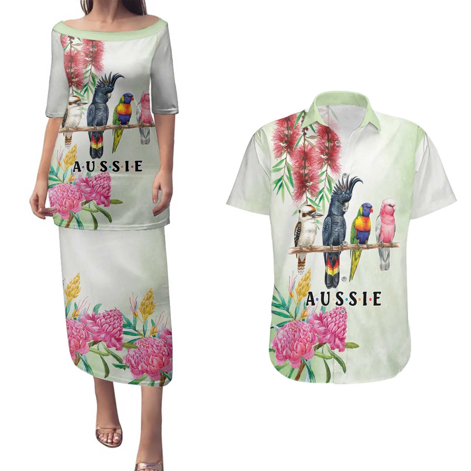 Australian Native Bird Couples Matching Puletasi and Hawaiian Shirt Kookaburra Cockatoo Rainbow Lorikeet Galah Flowers - Aussie Hoodie