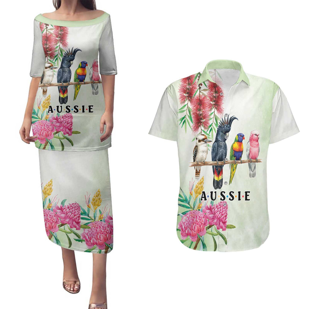 Australian Native Bird Couples Matching Puletasi and Hawaiian Shirt Kookaburra Cockatoo Rainbow Lorikeet Galah Flowers - Aussie Hoodie