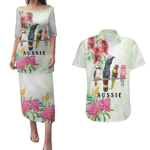 Australian Native Bird Couples Matching Puletasi and Hawaiian Shirt Kookaburra Cockatoo Rainbow Lorikeet Galah Flowers - Aussie Hoodie
