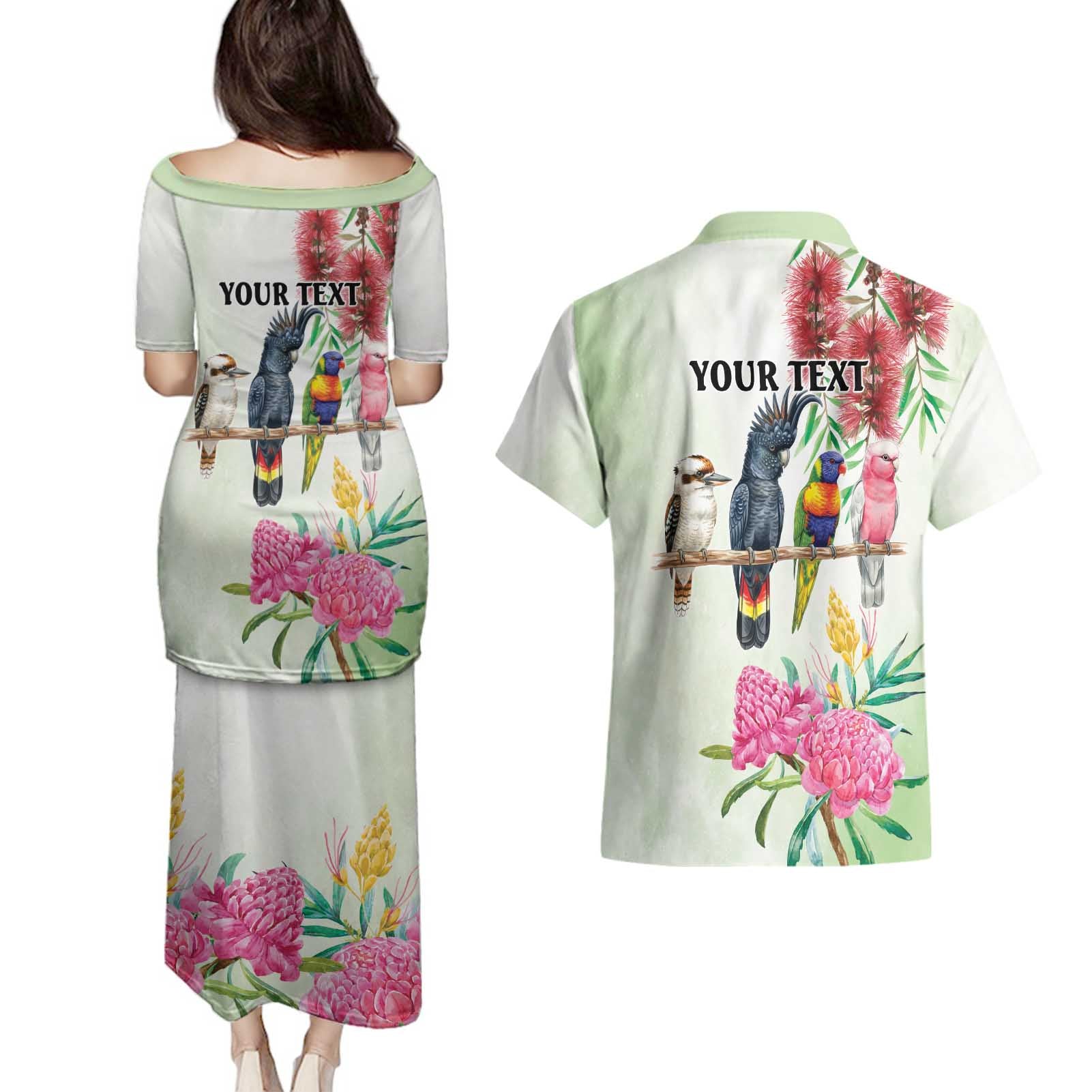Australian Native Bird Couples Matching Puletasi and Hawaiian Shirt Kookaburra Cockatoo Rainbow Lorikeet Galah Flowers - Aussie Hoodie