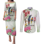Australian Native Bird Couples Matching Puletasi and Long Sleeve Button Shirt Kookaburra Cockatoo Rainbow Lorikeet Galah Flowers - Aussie Hoodie