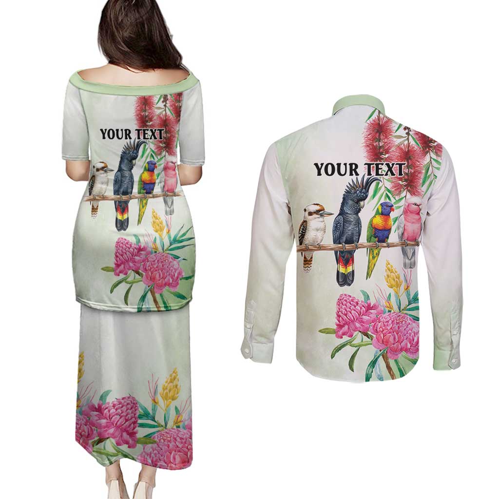 Australian Native Bird Couples Matching Puletasi and Long Sleeve Button Shirt Kookaburra Cockatoo Rainbow Lorikeet Galah Flowers - Aussie Hoodie