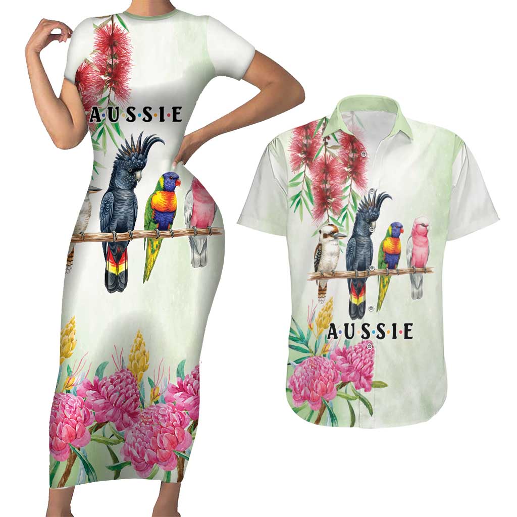 Australian Native Bird Couples Matching Short Sleeve Bodycon Dress and Hawaiian Shirt Kookaburra Cockatoo Rainbow Lorikeet Galah Flowers - Aussie Hoodie