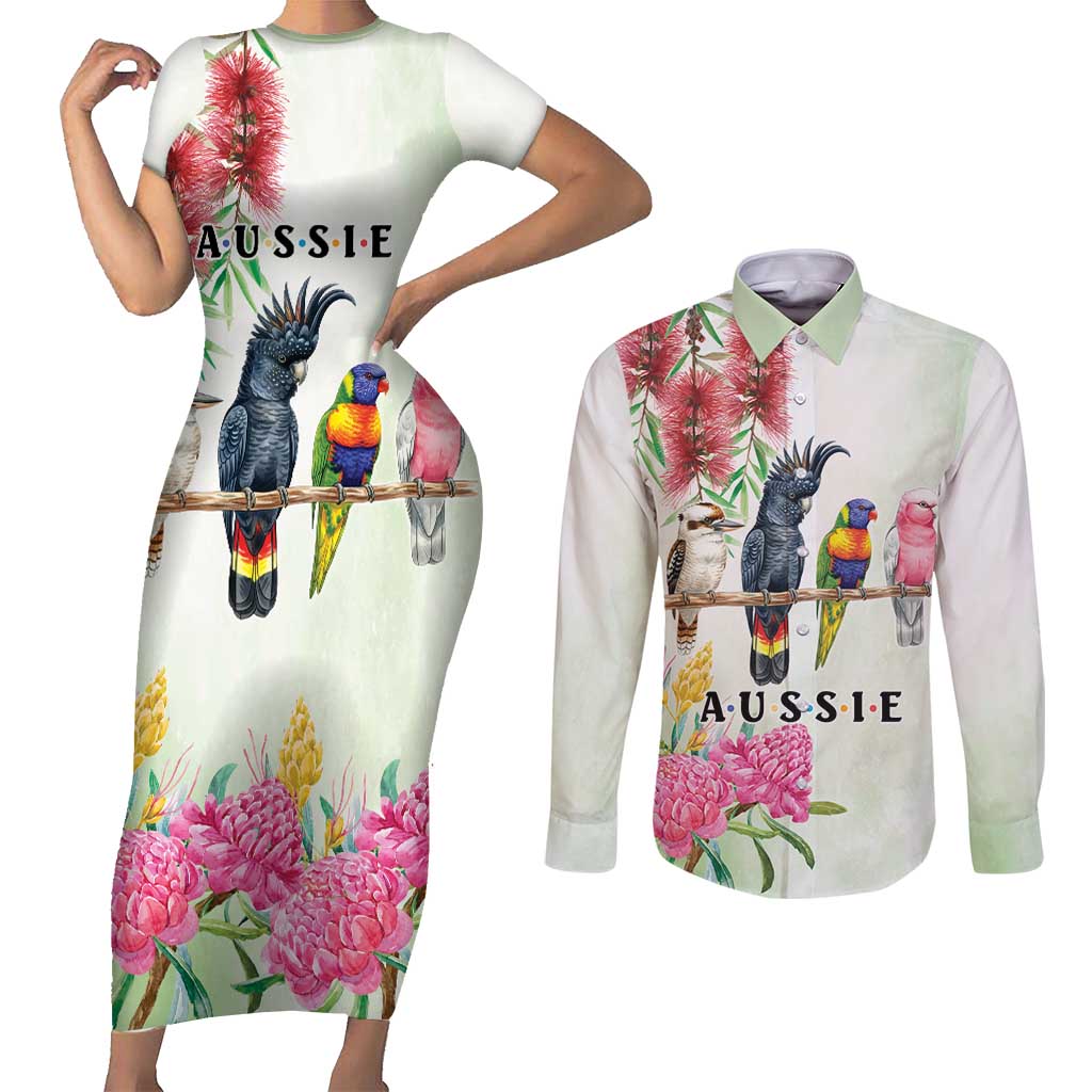 Australian Native Bird Couples Matching Short Sleeve Bodycon Dress and Long Sleeve Button Shirt Kookaburra Cockatoo Rainbow Lorikeet Galah Flowers - Aussie Hoodie