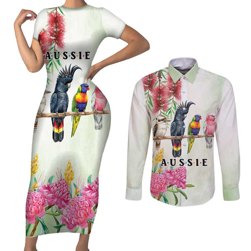 Australian Native Bird Couples Matching Short Sleeve Bodycon Dress and Long Sleeve Button Shirt Kookaburra Cockatoo Rainbow Lorikeet Galah Flowers - Aussie Hoodie