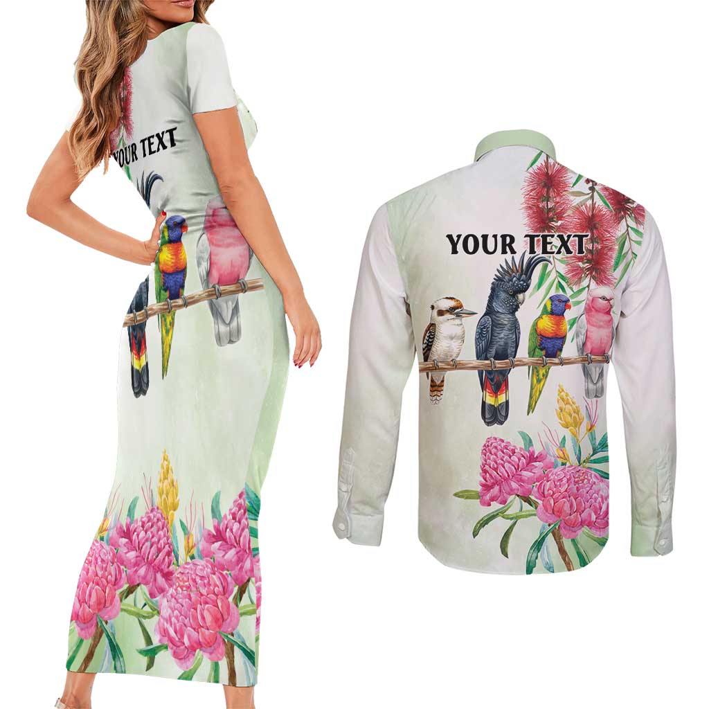 Australian Native Bird Couples Matching Short Sleeve Bodycon Dress and Long Sleeve Button Shirt Kookaburra Cockatoo Rainbow Lorikeet Galah Flowers - Aussie Hoodie