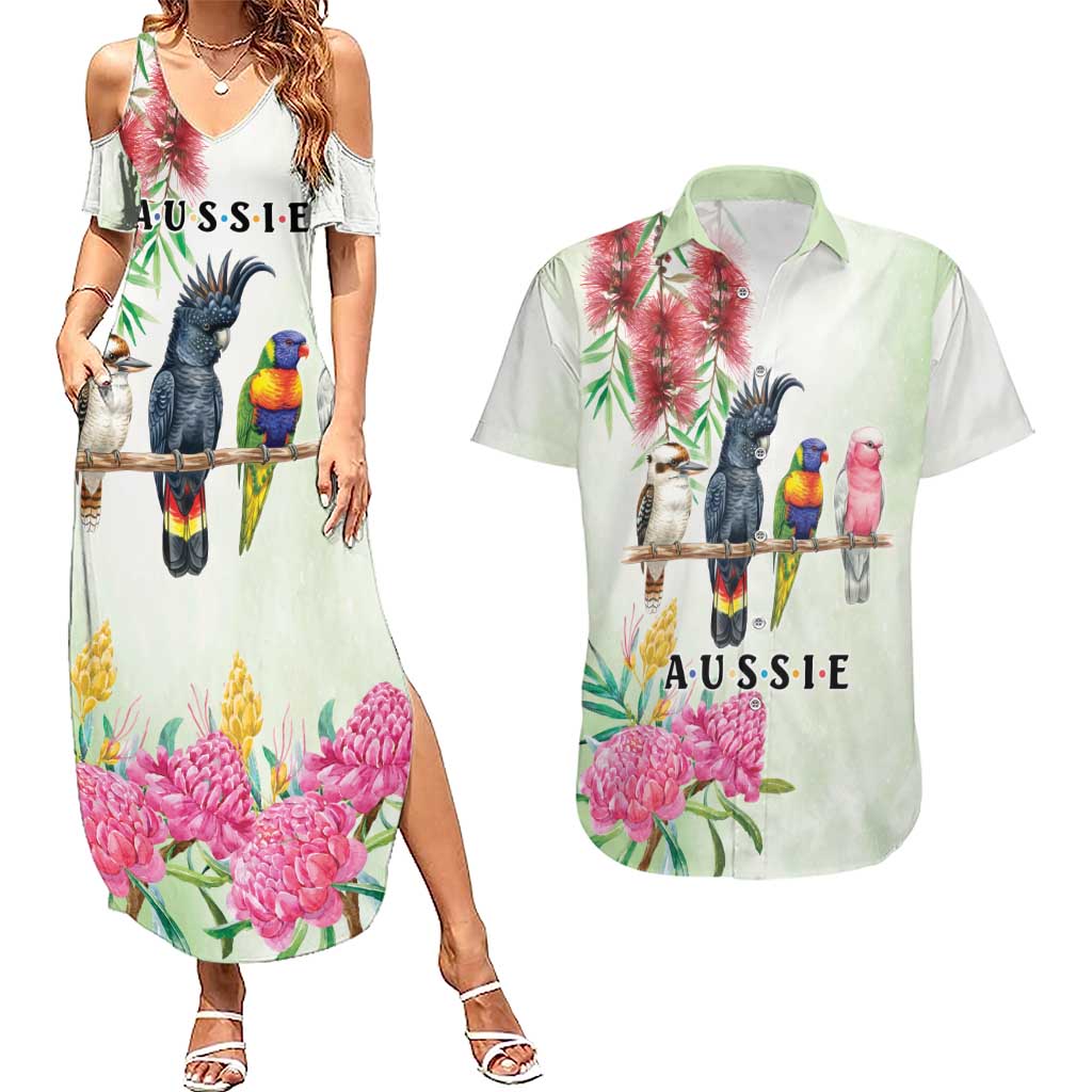 Australian Native Bird Couples Matching Summer Maxi Dress and Hawaiian Shirt Kookaburra Cockatoo Rainbow Lorikeet Galah Flowers - Aussie Hoodie