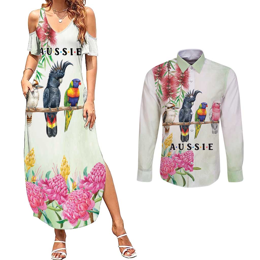Australian Native Bird Couples Matching Summer Maxi Dress and Long Sleeve Button Shirt Kookaburra Cockatoo Rainbow Lorikeet Galah Flowers - Aussie Hoodie