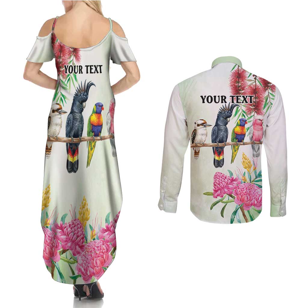Australian Native Bird Couples Matching Summer Maxi Dress and Long Sleeve Button Shirt Kookaburra Cockatoo Rainbow Lorikeet Galah Flowers - Aussie Hoodie