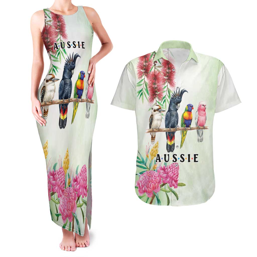 Australian Native Bird Couples Matching Tank Maxi Dress and Hawaiian Shirt Kookaburra Cockatoo Rainbow Lorikeet Galah Flowers - Aussie Hoodie